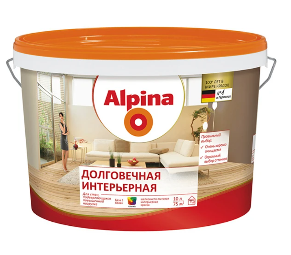 КРАСКА ВД-ВАЭ ALPINA ДОЛГОВЕЧНАЯ ИНТЕРЬЕРНАЯ БАЗА 1, БЕЛАЯ 10Л / 14,4КГ