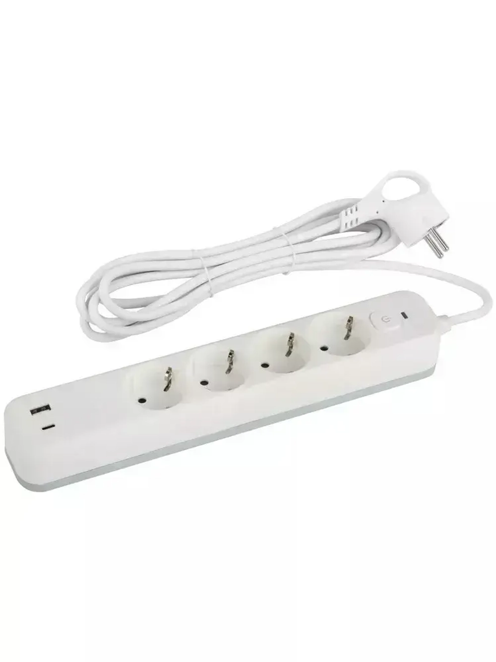 Сетевой фильтр Intro SFE430-2xUSBAC-W с базовой защитой с заземлением с выключателем 4 розетки+2xUSBA+C 3,1A 3м 10А / удлинитель сетевой 3м