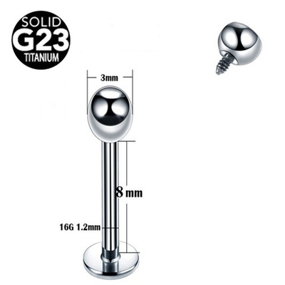 Лабрет 8 мм с внутренней накруткой шарик 3 мм, толщина 1,2 мм. Титан G23.