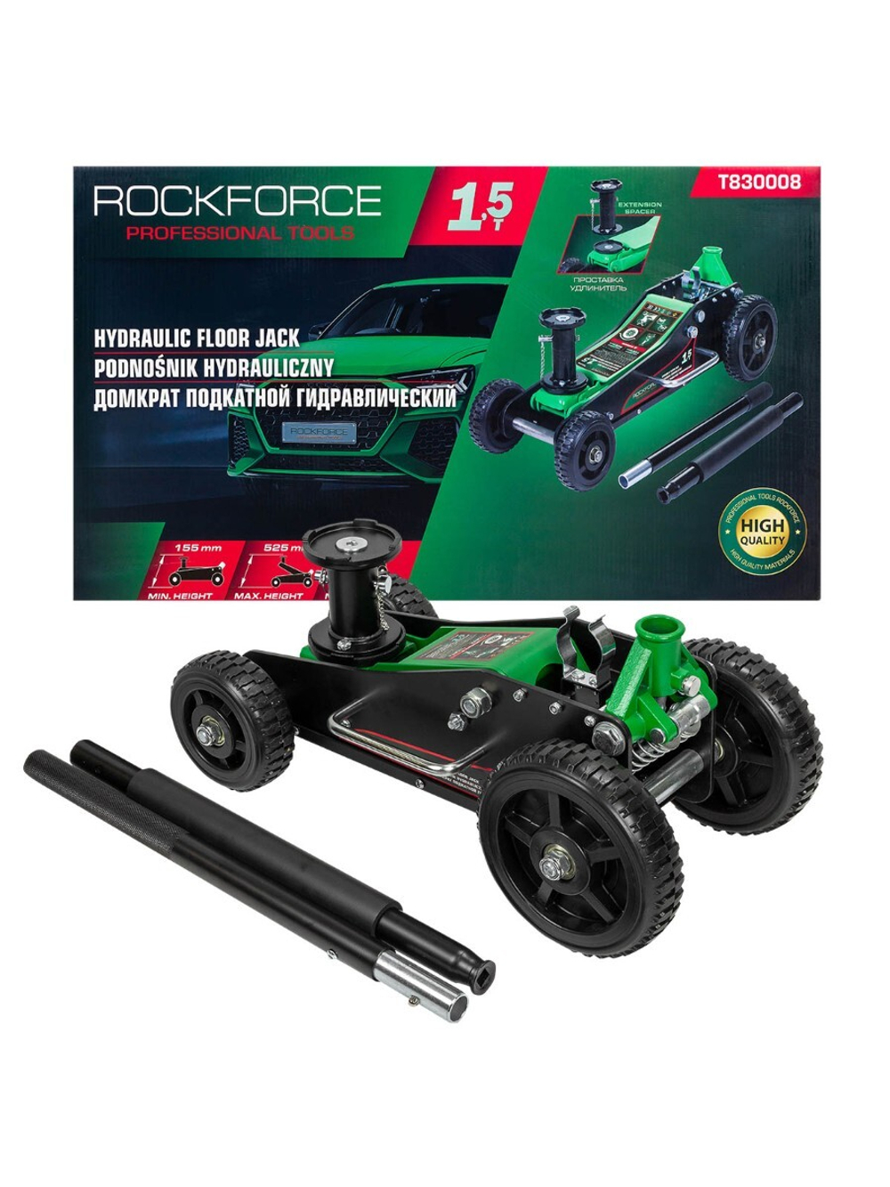 Домкрат подкатной гидравлический 1,5т (h min 155мм, h max 525мм) RockForce RF-T830008