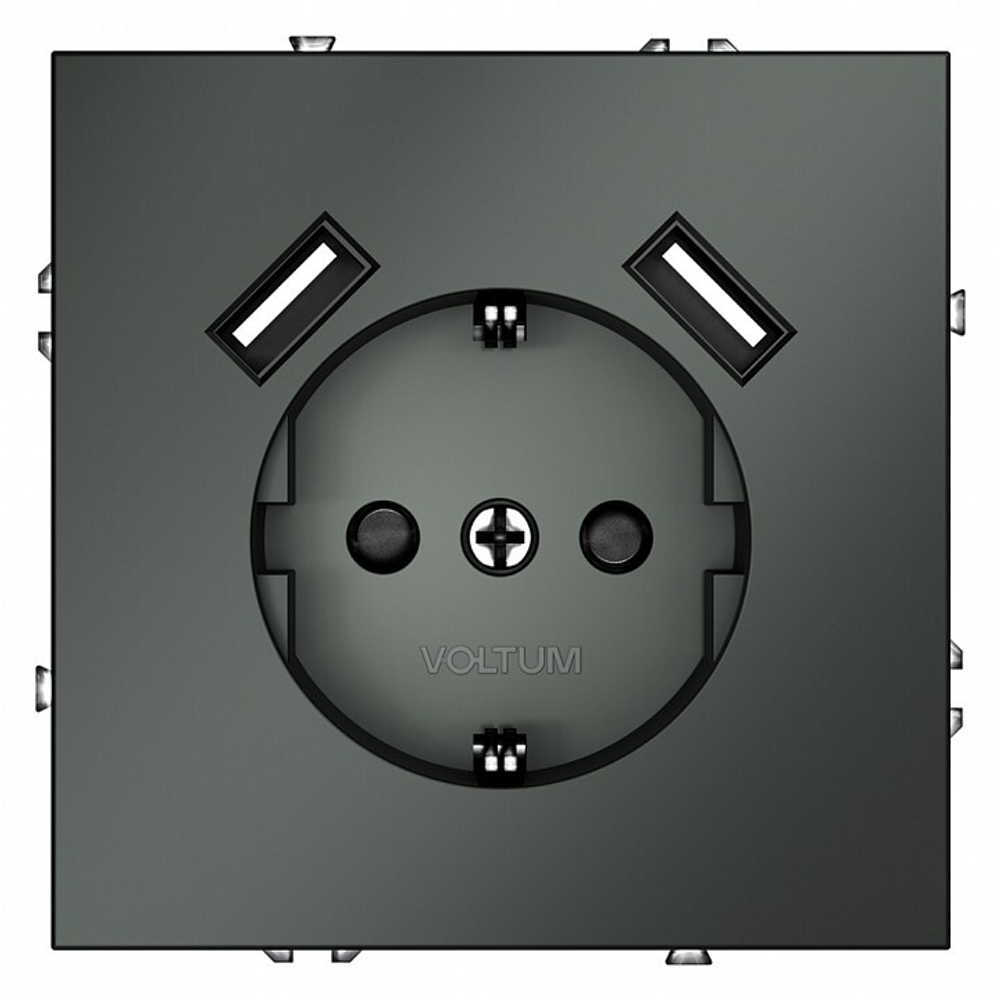 Розетка с заземлением и со шторкой и 2хUSB type A, без рамки Voltum S70 VLS040406