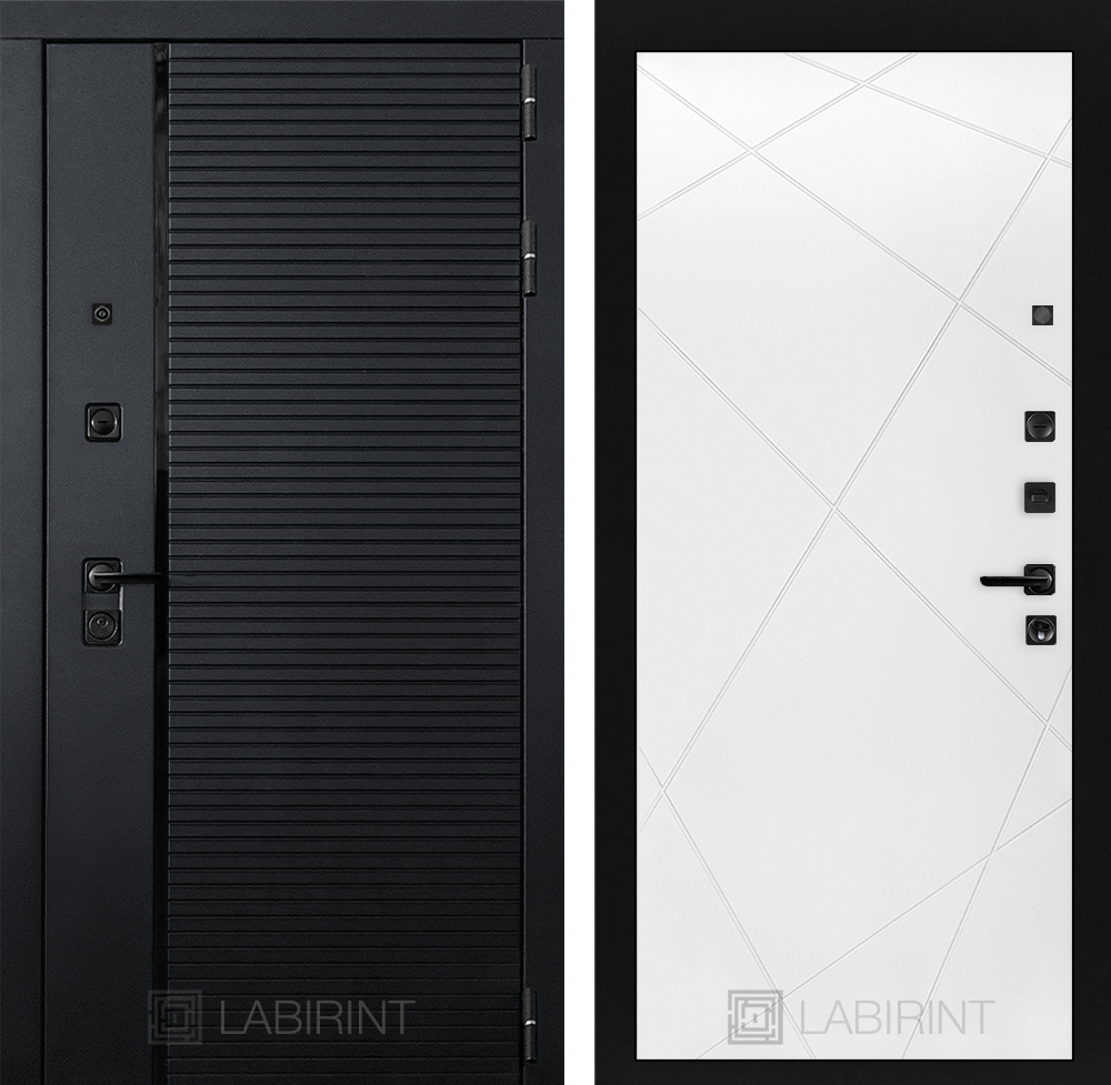 Дверь входная Лабиринт ПИАНО 24 Белый софт  ЧЕРНАЯ ФУРНИТУРА металлическая