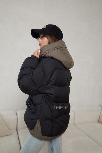 Женский черно-шоколадный многослойный пуховик