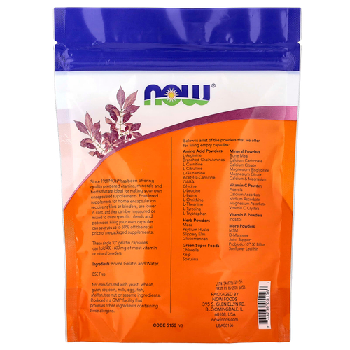 NOW Foods, одиночные желатиновые капсулы, размер «0», прибл. 250 пустых капсул, 24 г (0,85 унции)