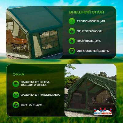 Пневмокаркасная всесезонная палатка «Тёплая Искра» 3,6×4,8×2,2 м — с печкой, из ПВХ, зелёная