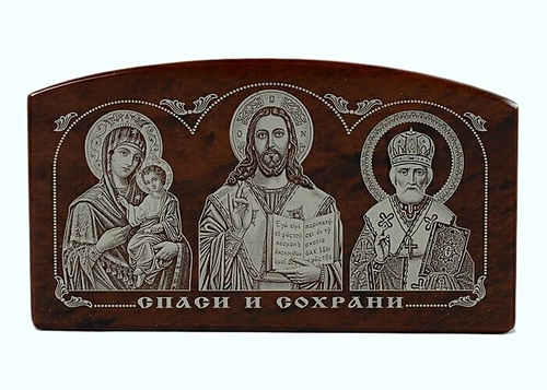 Автомобильная икона из обсидиана 70*40мм "Богородица Иисус Николай" арка