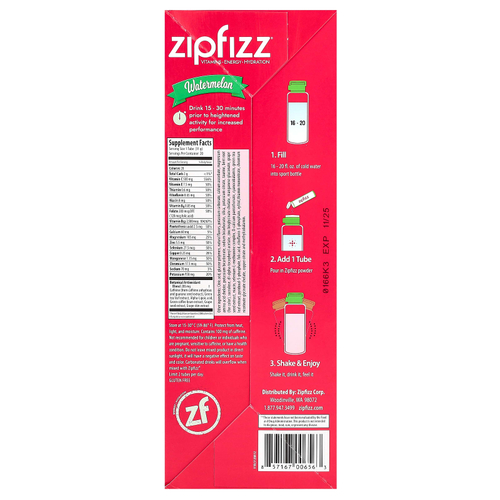 Zipfizz, смесь для энергетического напитка, со вкусом арбуза, 20 тюбиков по 11 г (0,39 унции)