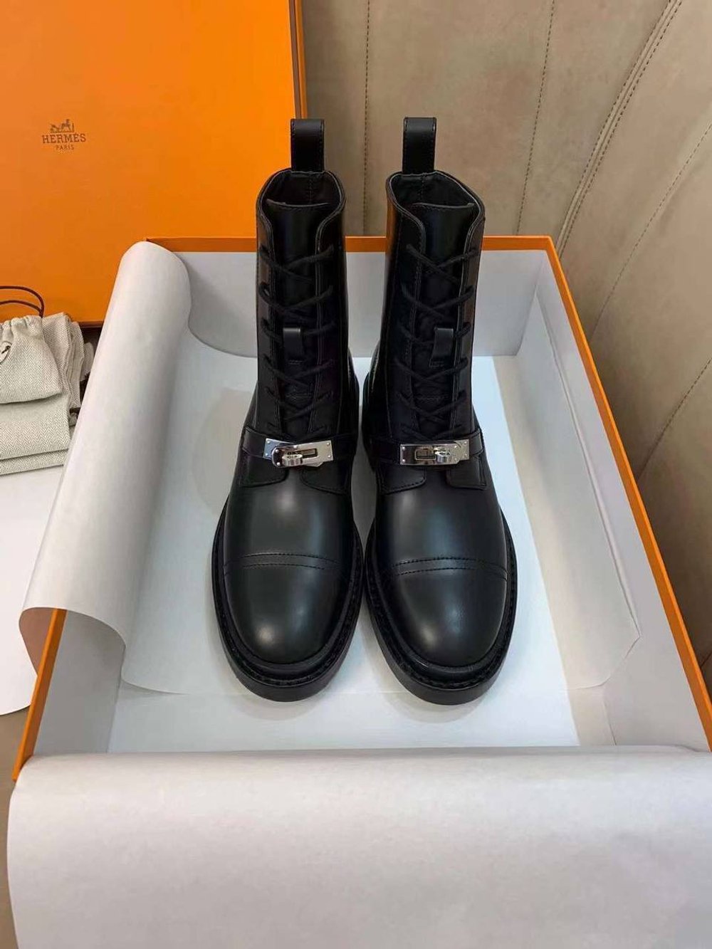 Женские ботинки Hermes Funk кожаные в черном цвете