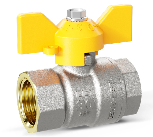 Кран шаровой латунный никелированный для газа внутренняя/внутренняя резьба бабочка, LD Pride