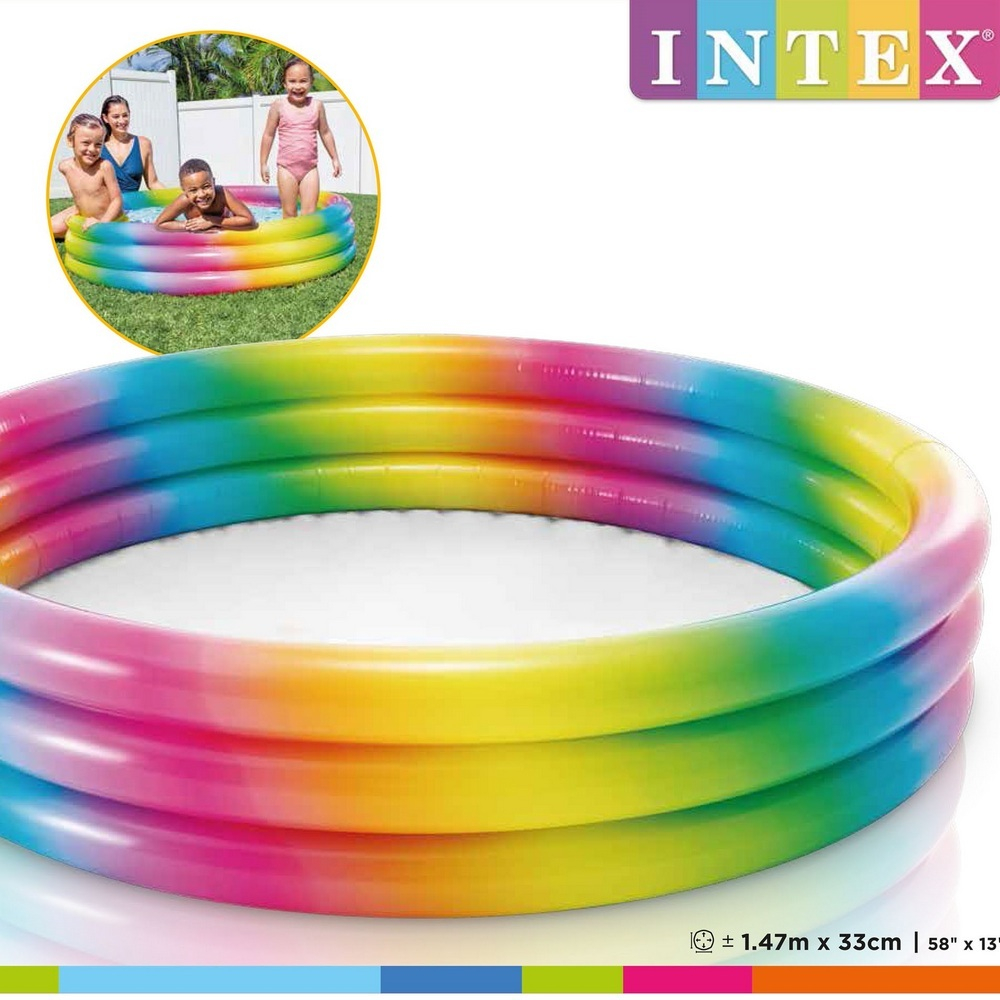 Бассейн надувной Intex 58439 Радужное омбре 147х33 см / Круглый трехсекционный бассейн Интекс с надувным дном для дачи и пляжа
