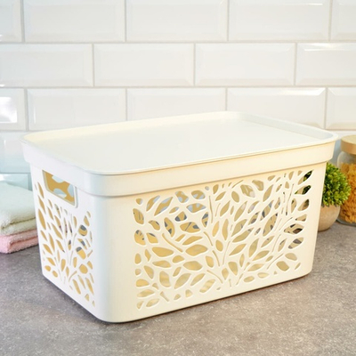 Корзина 18л с крышкой "Leaves" 405*275*207мм, молочный