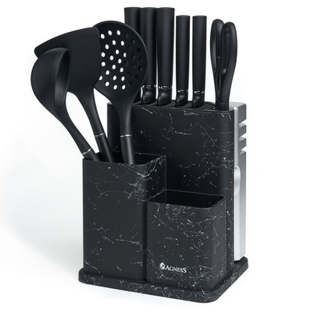 НАБОР AGNESS ИЗ 11ПР:5 НОЖЕЙ,ПОЛОВНИК,ЛОПАТКА,ШУМОВКА,ПОДСТАВКА,НОЖЕТОЧКА,НОЖНИЦЫ,ЧЕРНЫЙ МРАМОР/СЕРЫ