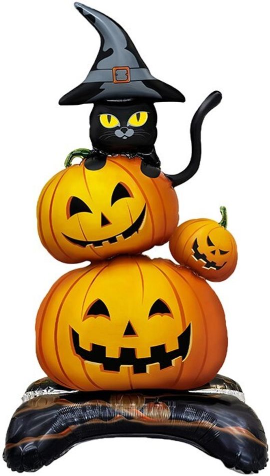 Шар 3D (90 см) Фигура на подставке, Кошка и тыквы на Хэллоуин (воздух)