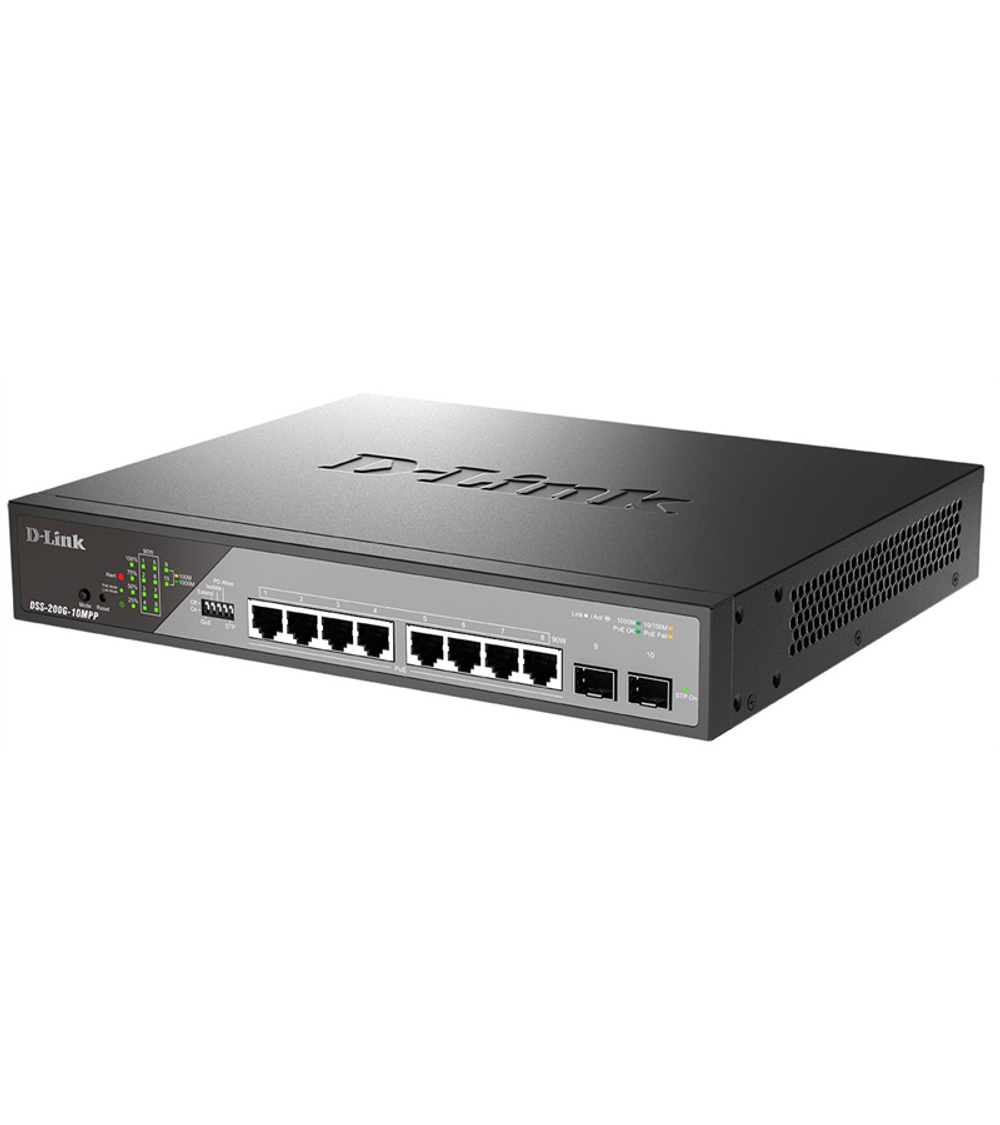 Коммутатор D-Link Smart L2 Surveillance Switch 8х1000Base-T PoE 802.3bt 90W, 2x1000Base-X SFP, PoE Budget 242W, Long-range PoE up to 250m
