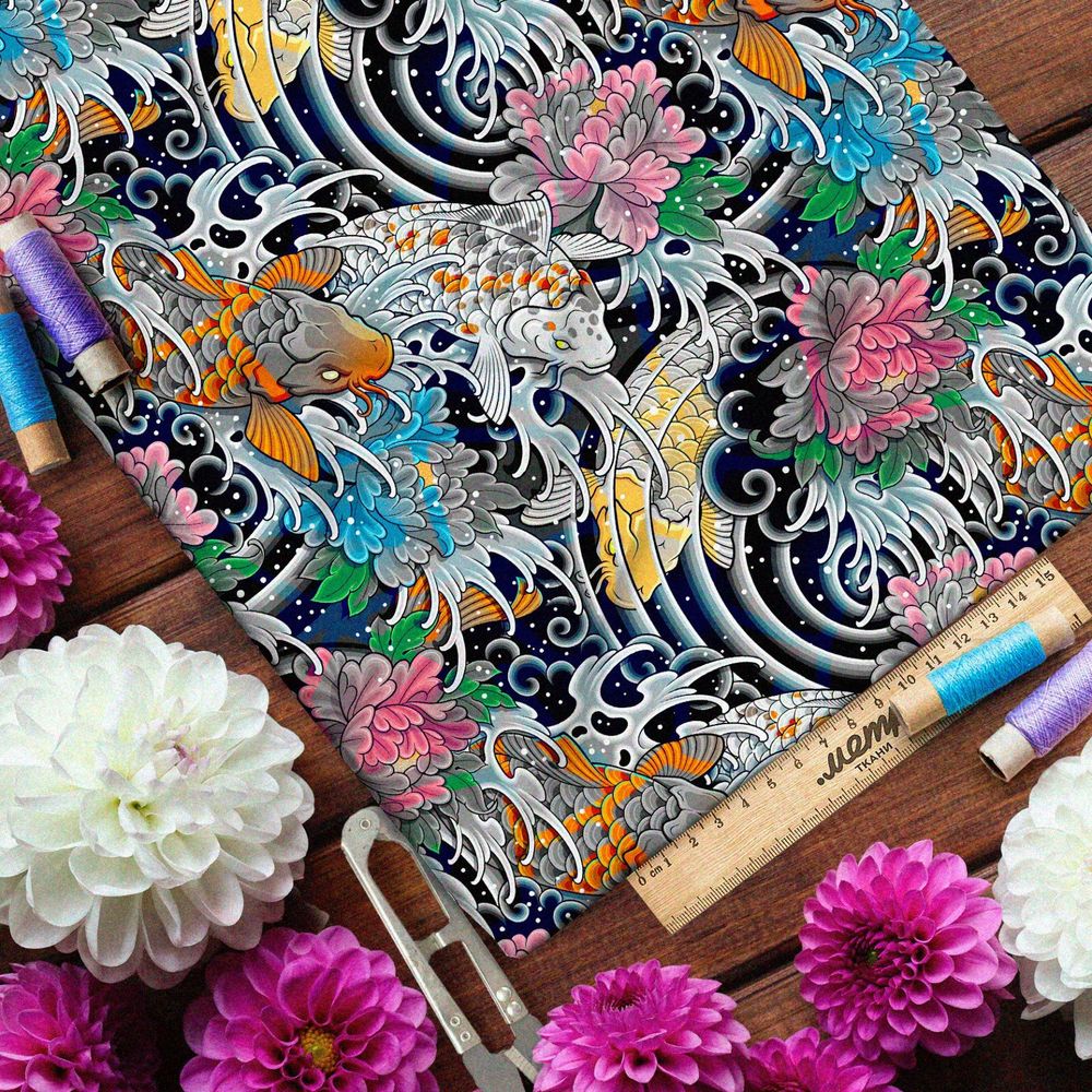 Ткань футер 2-х нитка японские карпы с бутонами на волнах