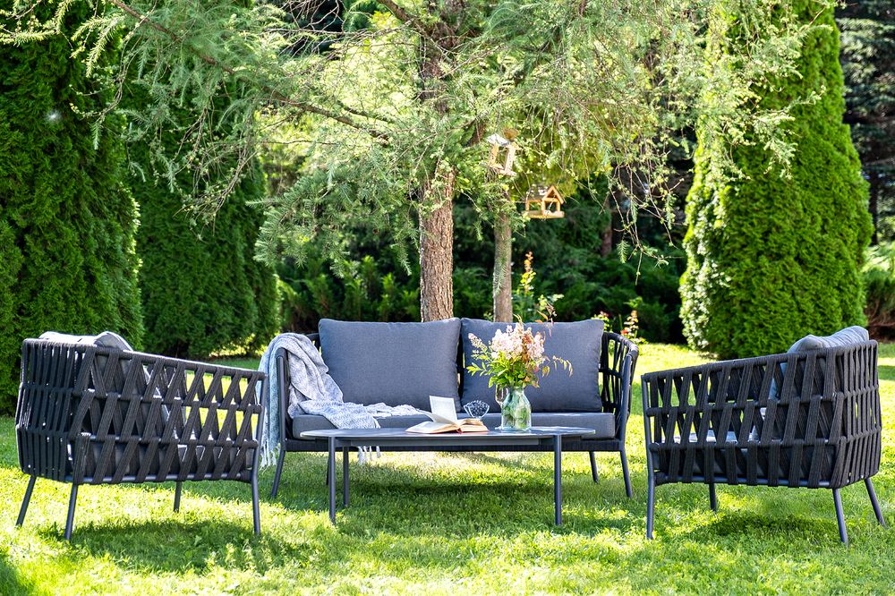 "Диего" лаунж-зона 4-местная плетеная из роупа (веревки), каркас алюминиевый темно-серый, роуп темно-серый