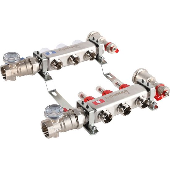 Коллектор Rommer 1"x3/4" на 3 контура с расходомерами в сборе (нерж. сталь) RMS-1210-000003