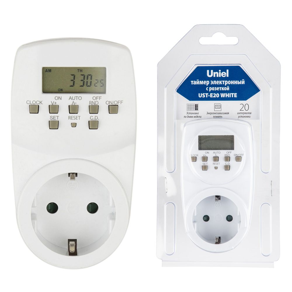 UST-E20 WHITE Таймер электронный с розеткой. 220В. 24ч. 1600Вт. Энергонезависимая память. ТМ Uniel