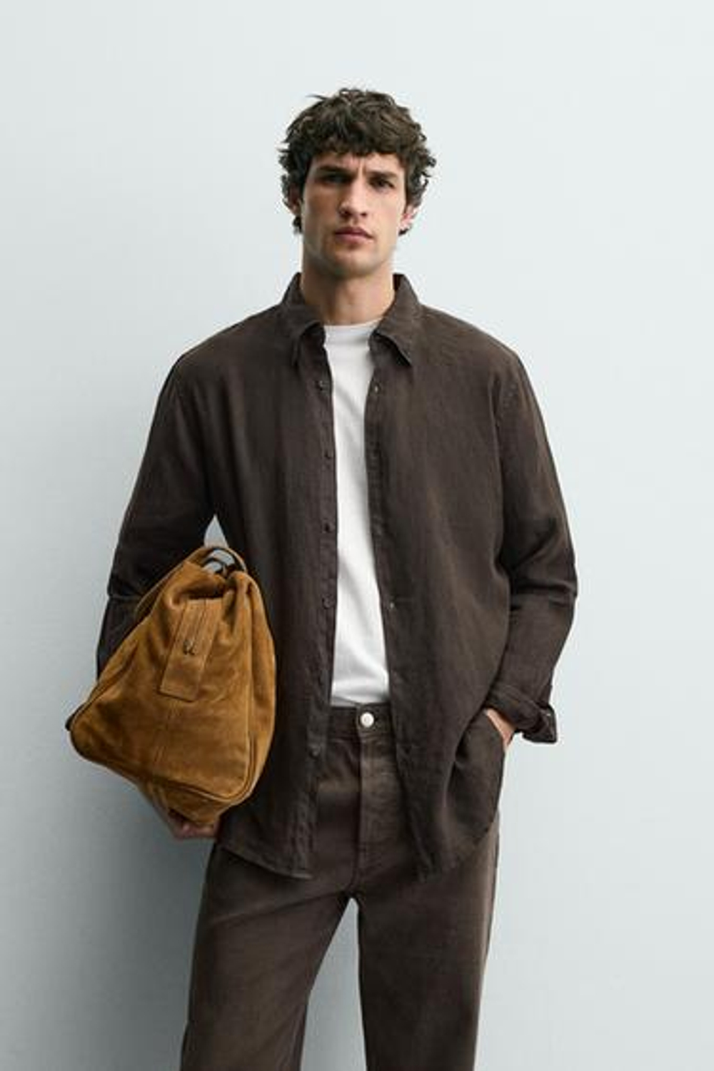 ZARA РУБАШКА REGULAR FIT ИЗ 100% ЛЬНА, ШОКОЛАДНЫЙ