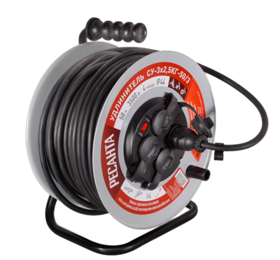 Удлинитель силовой на металлической катушке Ресанта СУ-3х2,5КГ-50/3 (с выкл., 4 розетки, IP44)