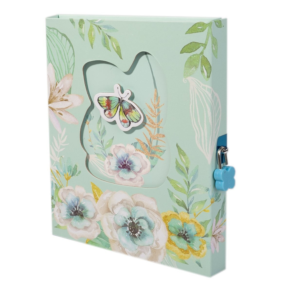 Блокнот в футляре 17,0 см * 22,0 см, гребень, Alingar, мел.картон, апплик., замочек, 60 л., линия, "Бабочка на цветах", мятный