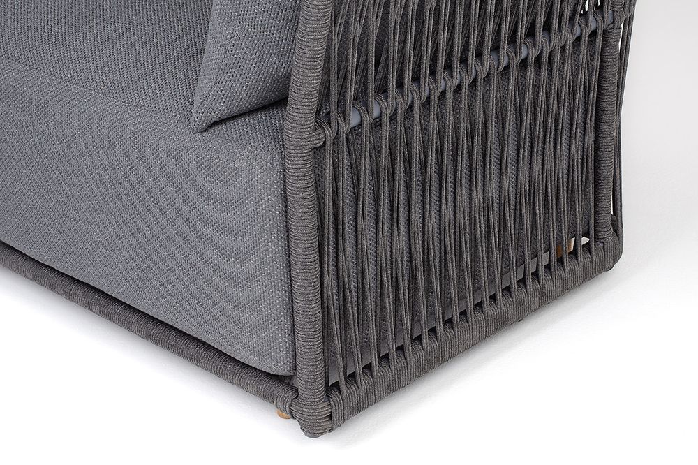 "Лугано" диван 3-местный плетеный из роупа, каркас алюминий темно-серый (RAL7024) муар, роуп темно-серый круглый, ткань темно-серая YB25-0027