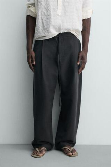ZARA БРЮКИ BALLOON FIT С ЗАЩИПАМИ И ПОЯСОМ, ЧЕРНЫЙ