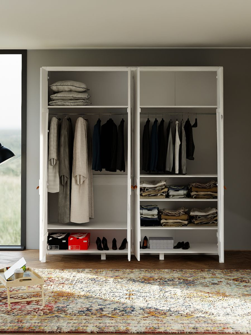 Шкаф деревянный 4 двери Мадейра из массива сосны белый воск