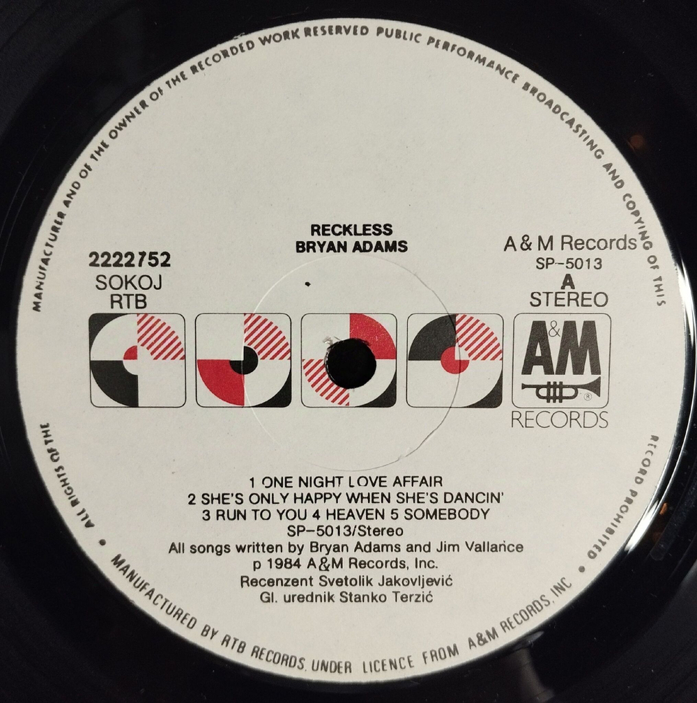 Винтажная виниловая пластинка LP Bryan Adams Reckless (Югославия 1984)