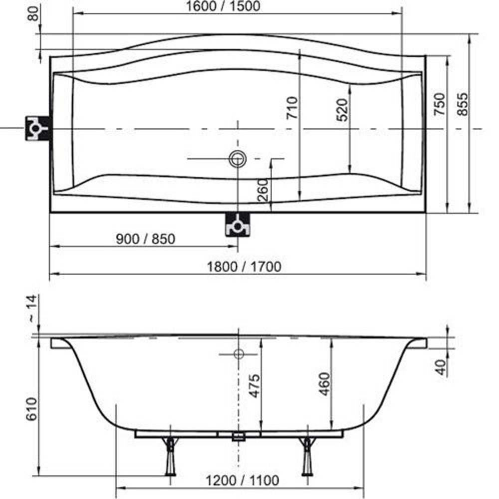 Ванна акриловая Ravak Magnolia 180x75 C601000000 схема