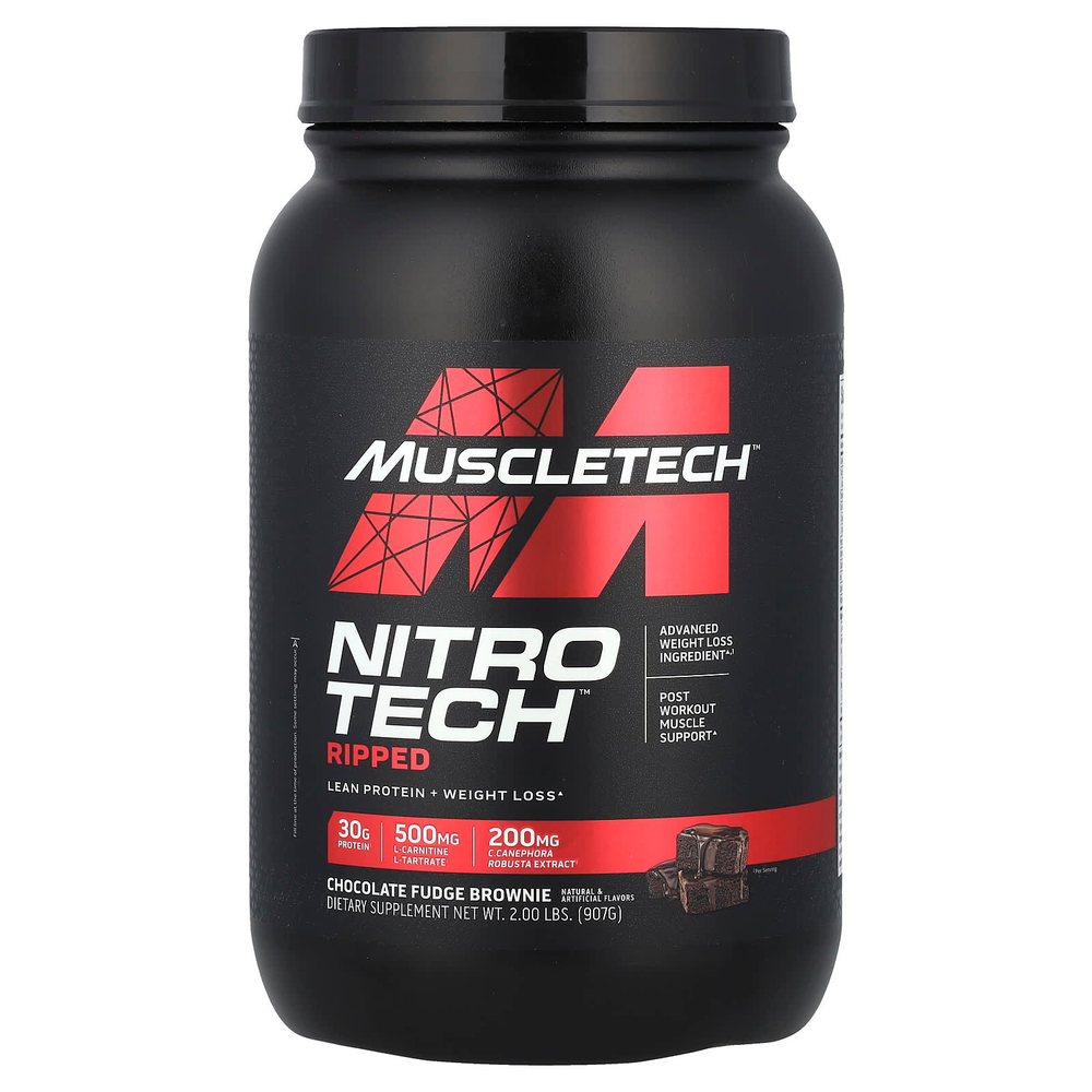 MuscleTech, Nitro Tech Ripped, чистый протеин + формула для похудения, со вкусом брауни с шоколадной помадкой, 907 г (2 фунта)