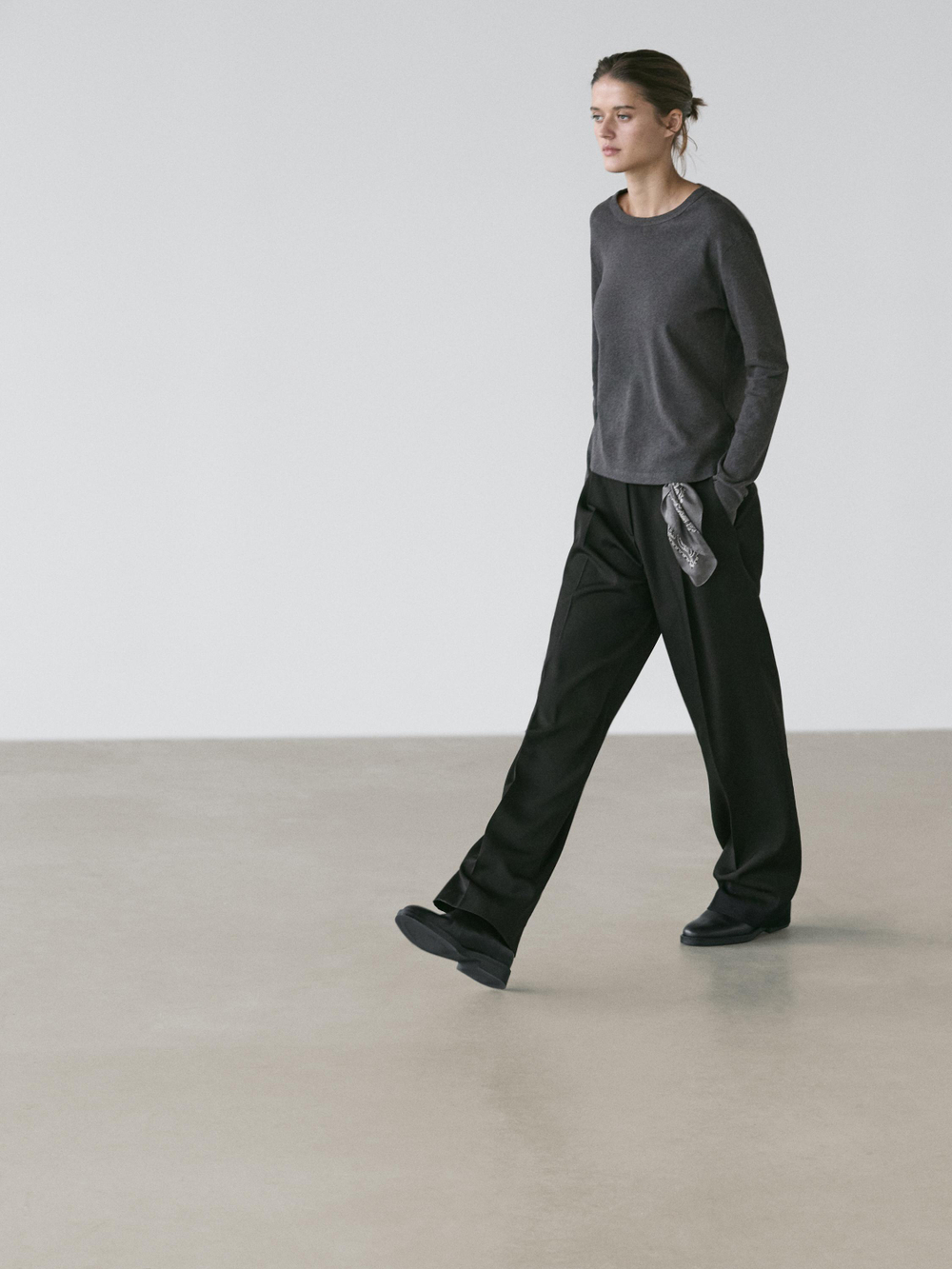 Massimo Dutti Меланжевая футболка в рубчик с длинными рукавами, антрацитово-серый