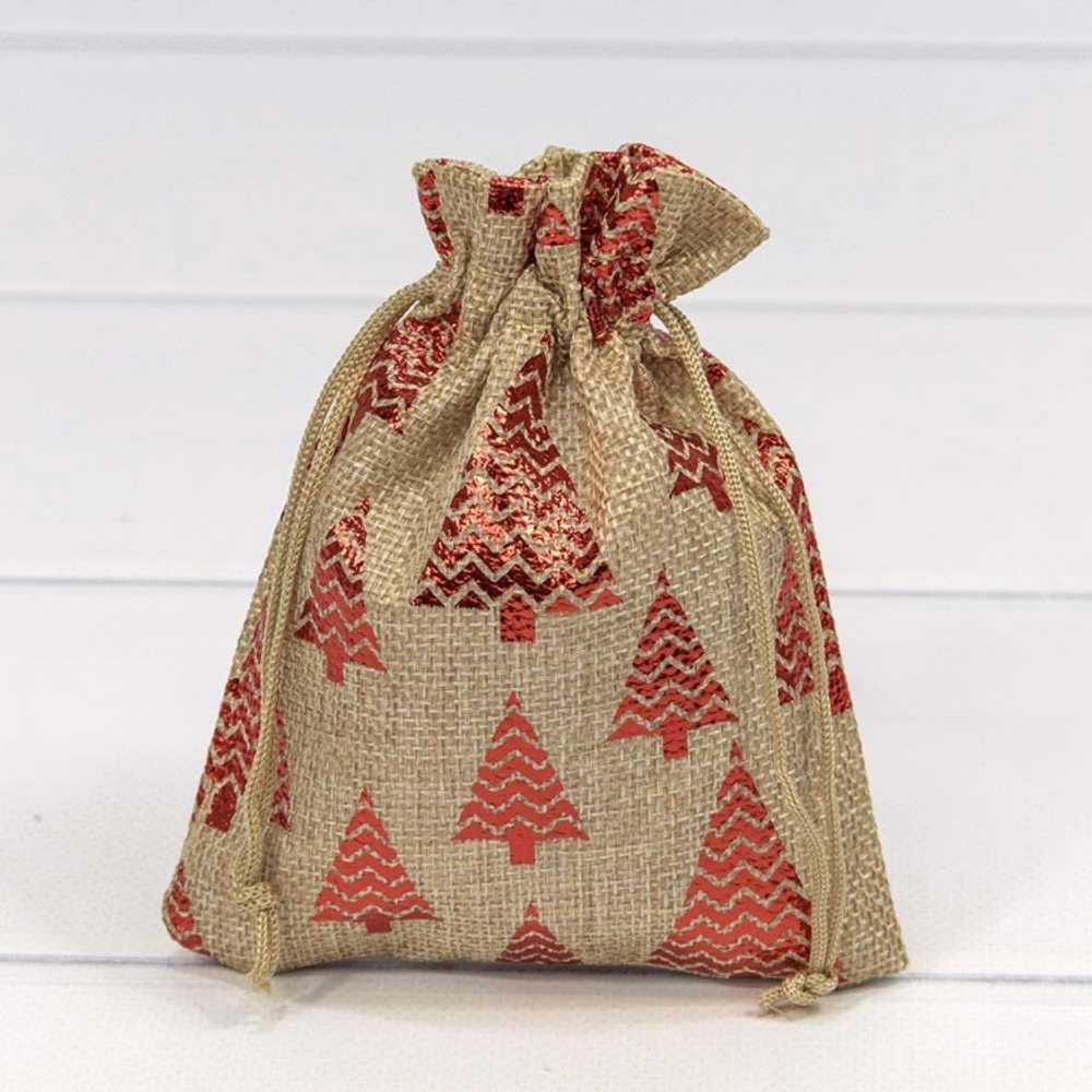 Мешочек 12 х 15 см "Елки" с рисунком искусственный лен (коричневый)