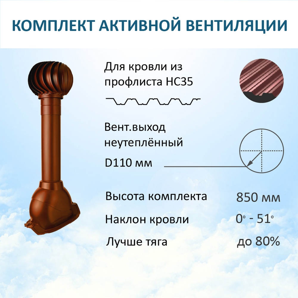 Комплект активной вентиляции: Вентиляционный выход D110 не утепленный высота H=500 мм, проходной элемент PROF-35 для металлопрофиля кровельного профнастила 35мм, турбодефлектор Ø 110 мм, красный