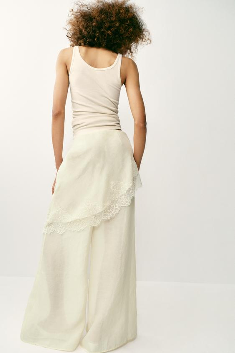 ZARA ШИРОКИЕ БРЮКИ ПАРЕО С КРУЖЕВОМ, ЭКРЮ