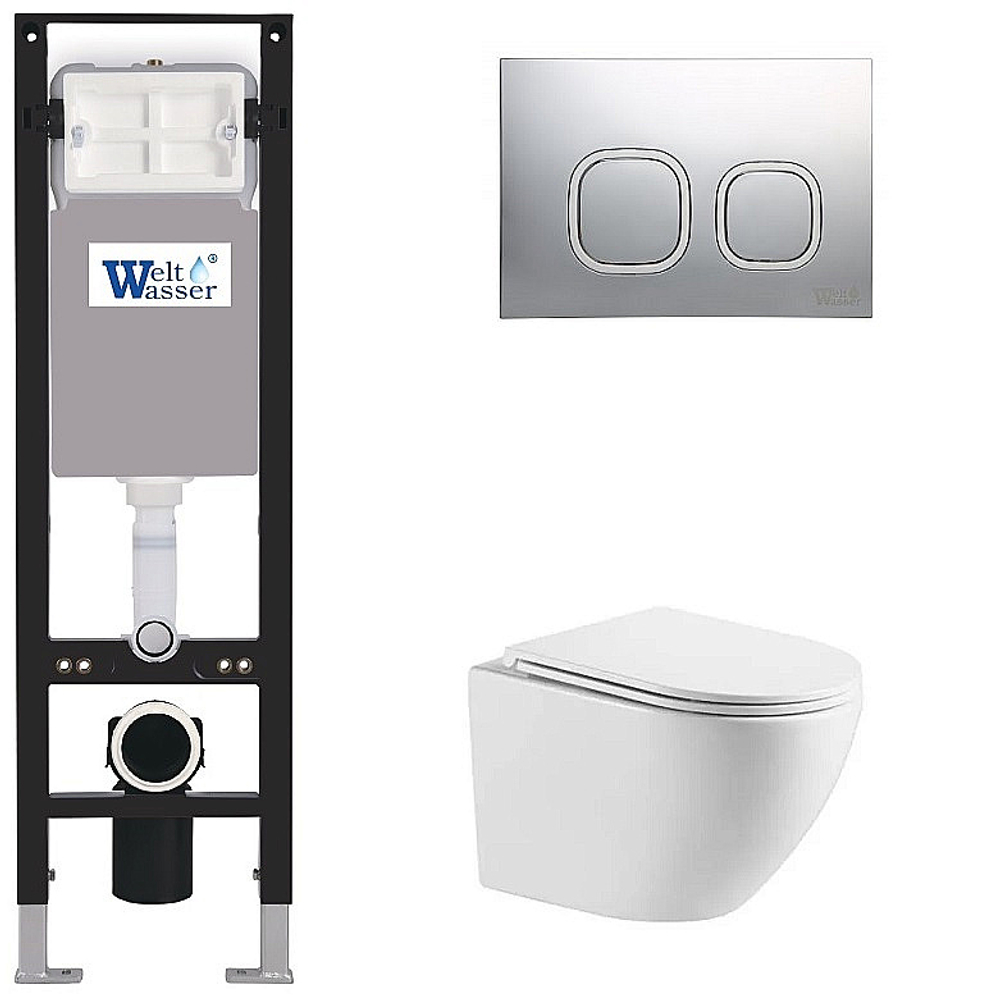 Унитаз подвесной WeltWasser AMBERG 350+MERZBACH 043 XL GL-WT+AMBERG RD-CR белый/кнопка хром, безободковый, с крышкой микролифт, с инсталляцией, слив торнадо