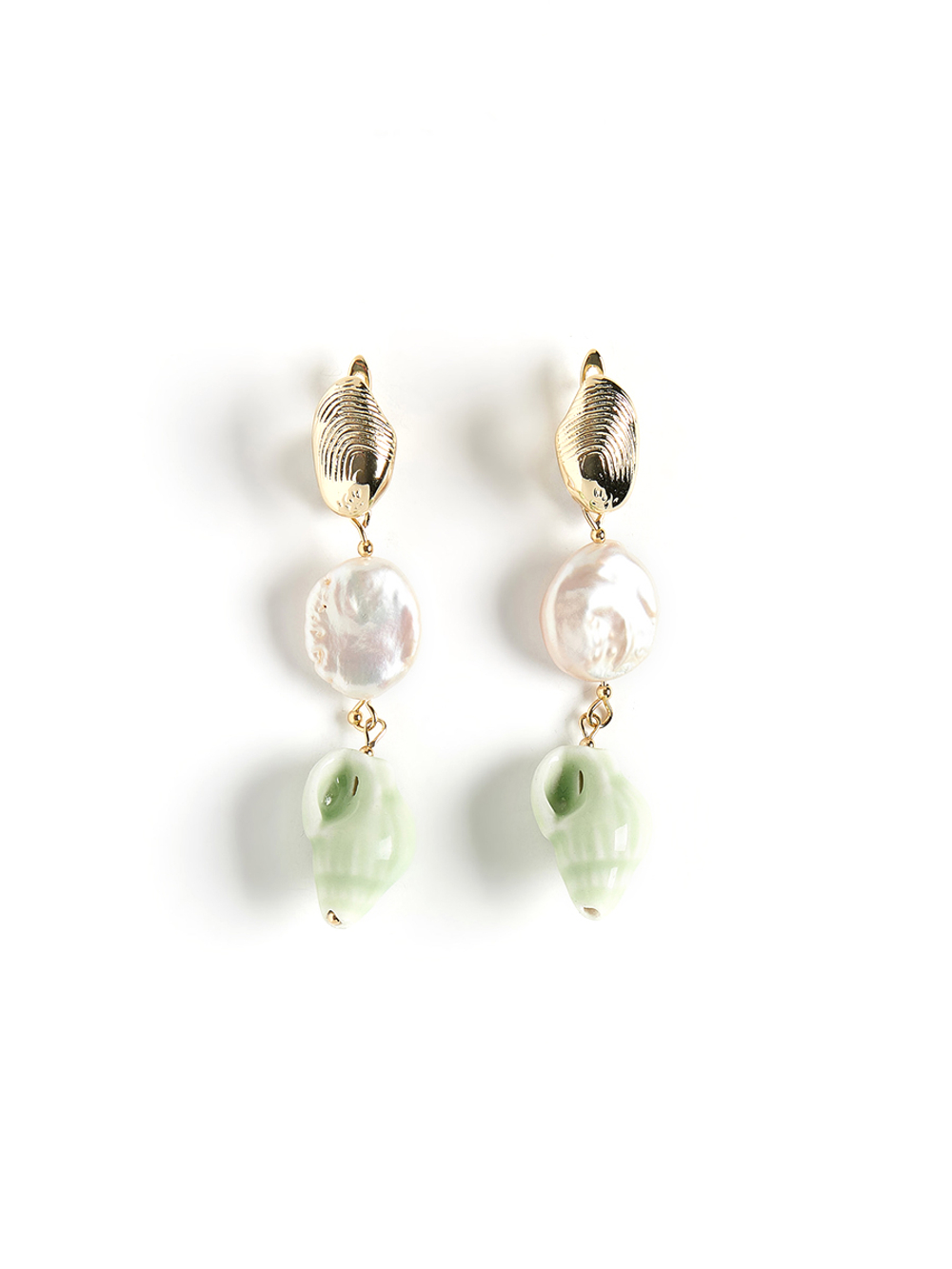 Серьги "Caramel shell pearl green" Gold