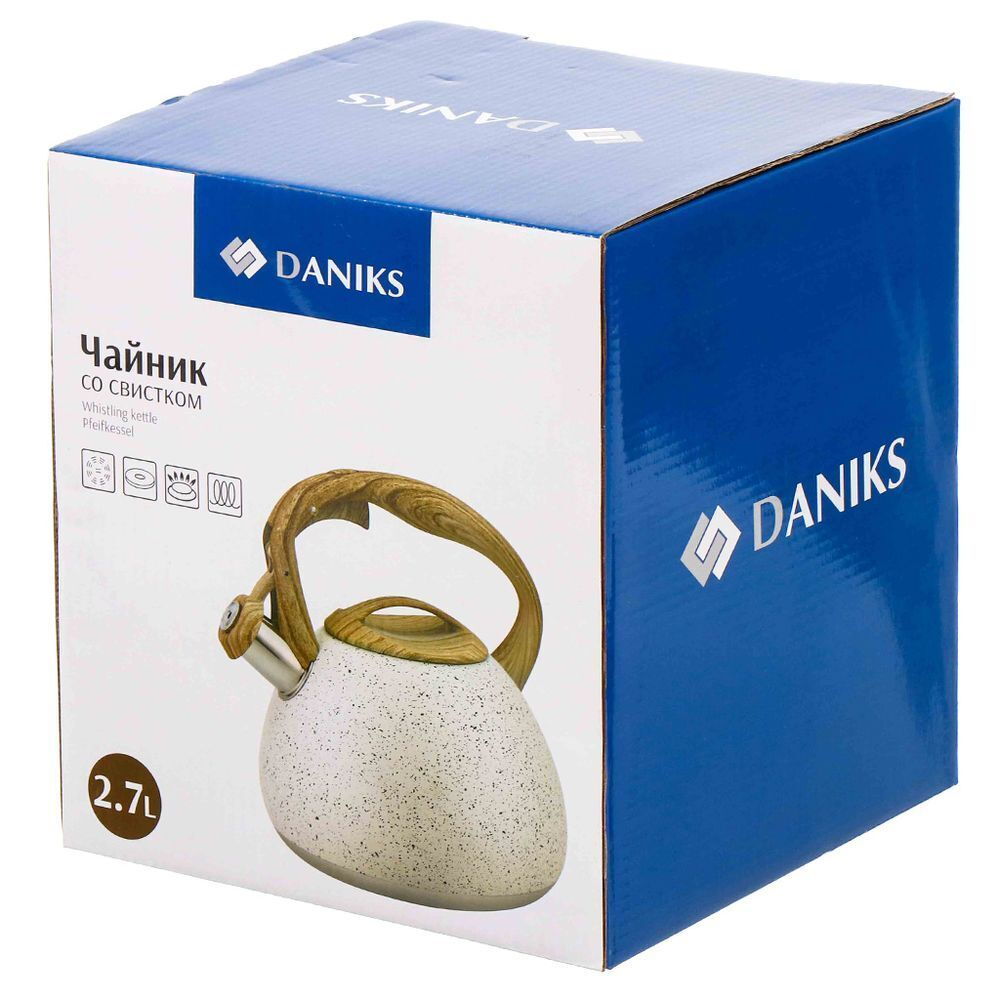 Чайник нерж, 2.7 л, свист, ручк дерев, Daniks, Белый мрамор, индукц, GS-04049H