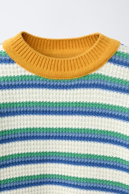 ZARA ТРИКОТАЖНАЯ ФУТБОЛКА В ПОЛОСКУ, ВОДЯНИСТО-ГОЛУБОЙ