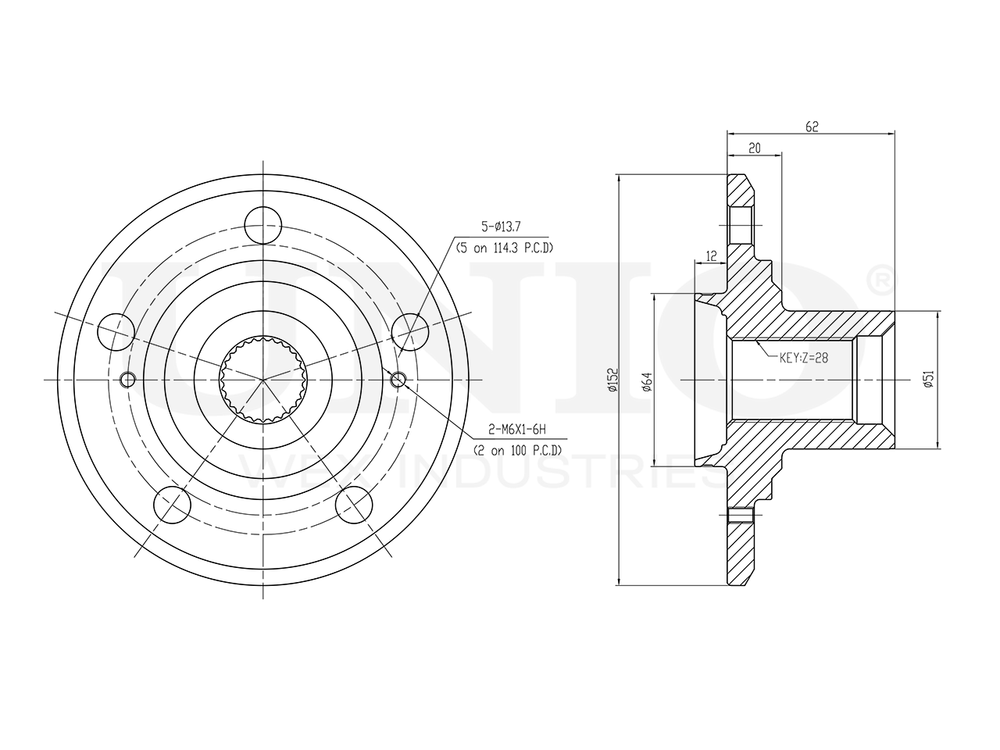 Ступица передняя (без ABS) UNIO HUB-20312