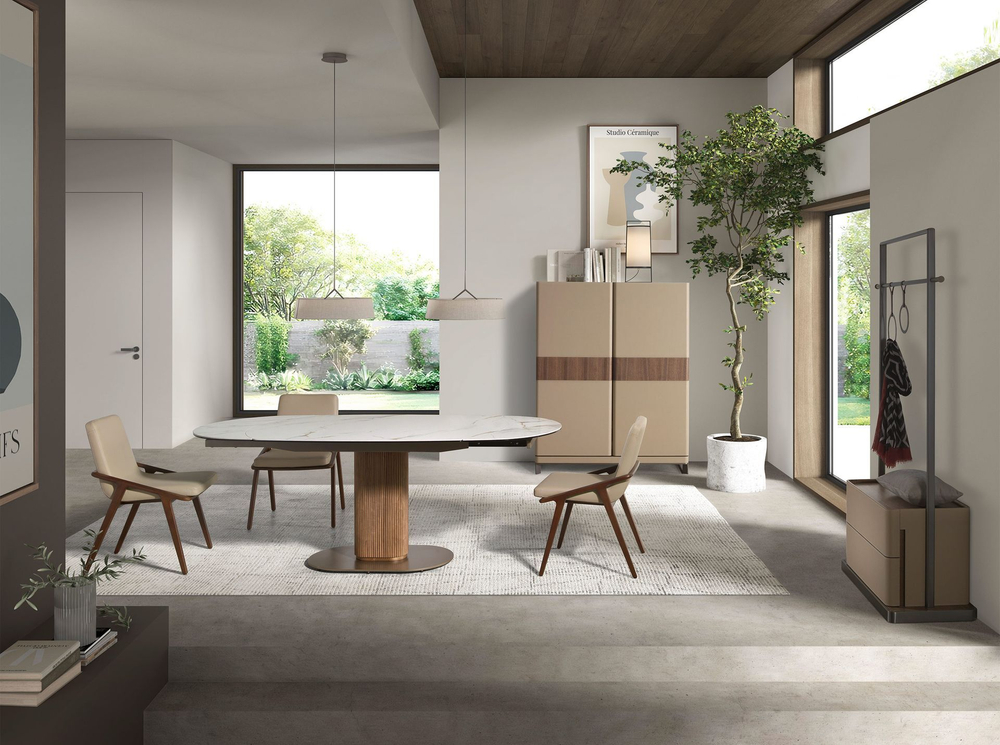 Высокий буфет 3276 из кожи, ореха и полированной стали