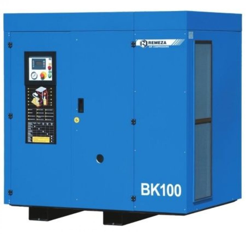 Винтовой компрессор ВК100-15, без ресивера , производительность 9000л/мин,  рабочее давление 15 бар, мощность двигателя 75кВт, вес 1620 кг, габариты 1945х1460х1840мм. REMEZA, Республика Беларусь