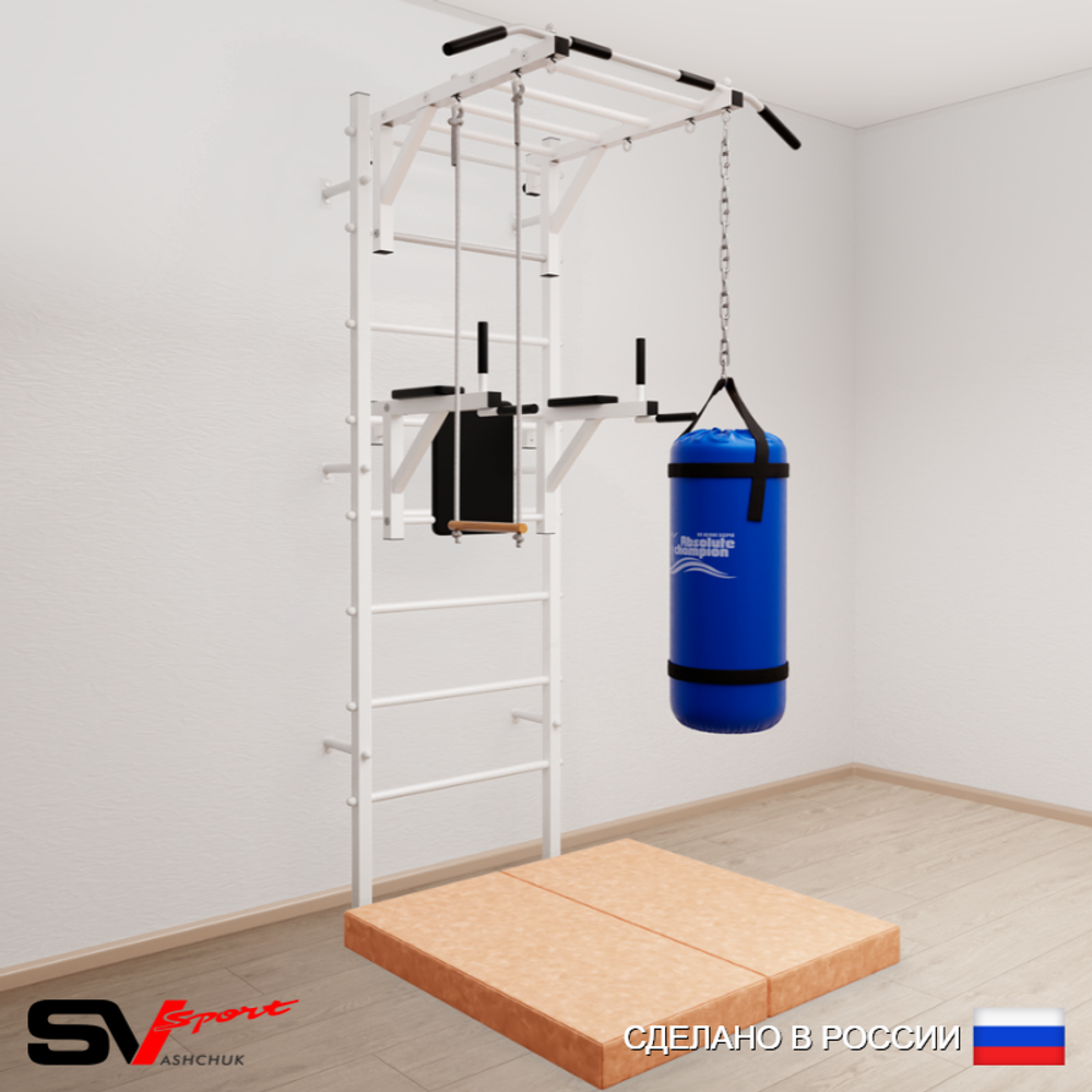 Шведская стенка Sv Sport усиленная 6437 (Турник рукоход/Брусья/Трапеция/Цепь/Мешок 30кг/Мат 1м)