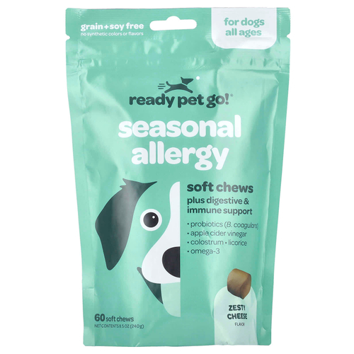 Ready Pet Go, Seasonal Allergy, для собак, для всех возрастов, пикантный сыр, 60 жевательных таблеток, 240 г (8,5 унции)