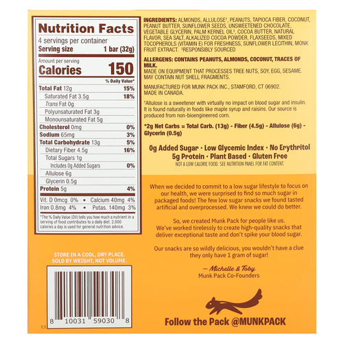 Munk Pack, Chewy Granola Bar, арахисовая паста с шоколадной крошкой, 4 батончика по 32 г (1,12 унции)