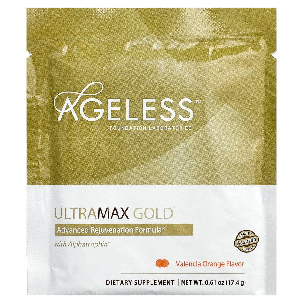 Ageless Foundation Laboratories, UltraMax Gold, улучшенная формула омоложения с альфатрофином, со вкусом валенсийского апельсина, 22 пакетика по 17,4 г каждый