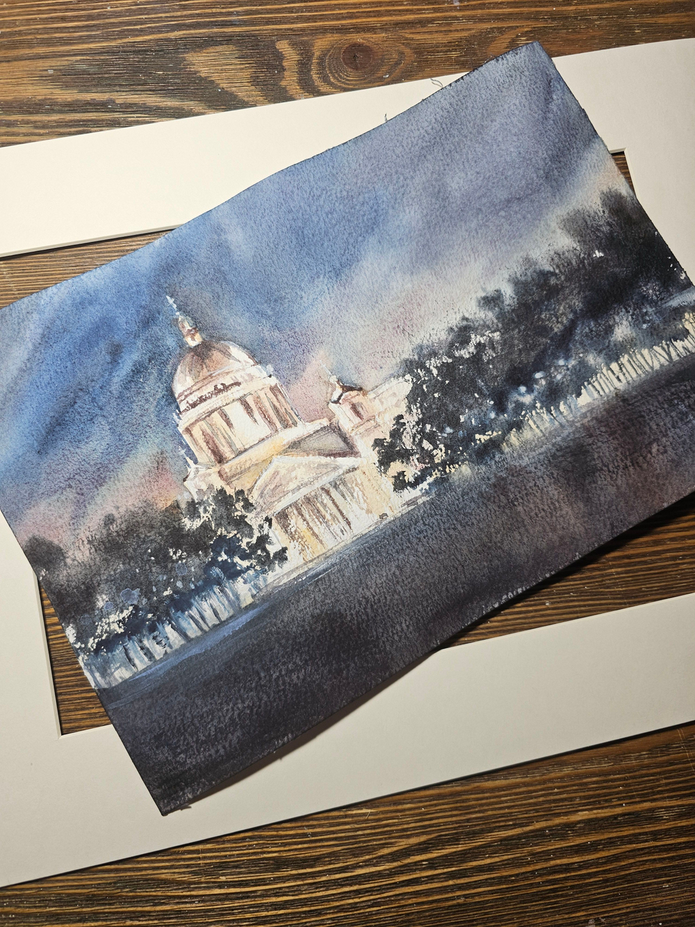 Картина авторская акварельная в паспарту 30х40 см на стену для интерьера "Осенняя ночь в Питере"