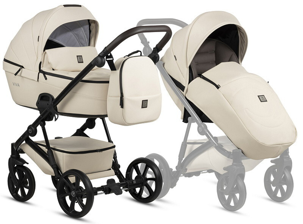 Детская коляска Tutis Viva 5 Plus Leather 2024 3 в 1 с автокреслом Elo Lux EduSky Grey 1452086 Vanilla