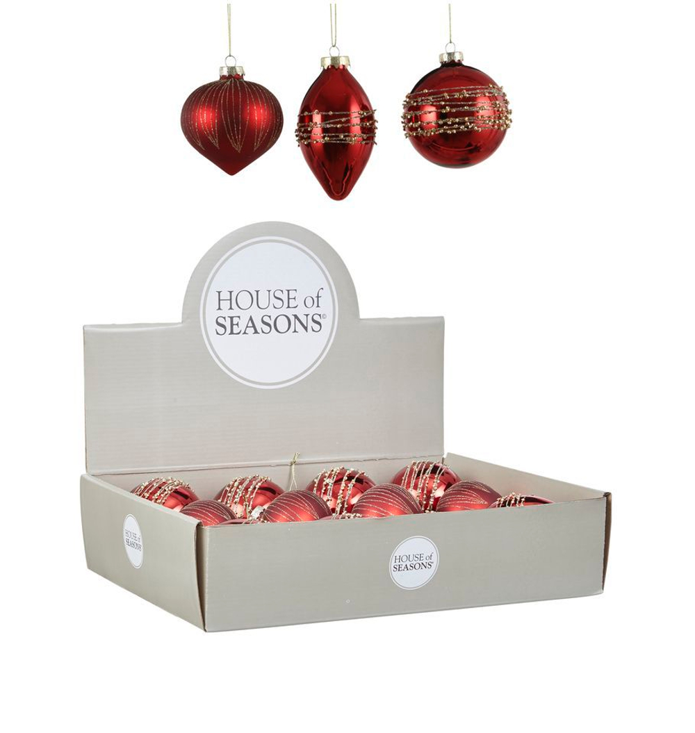 Набор елочных игрушек 12шт 8см House of Seasons Шар красный 3 вида 84007