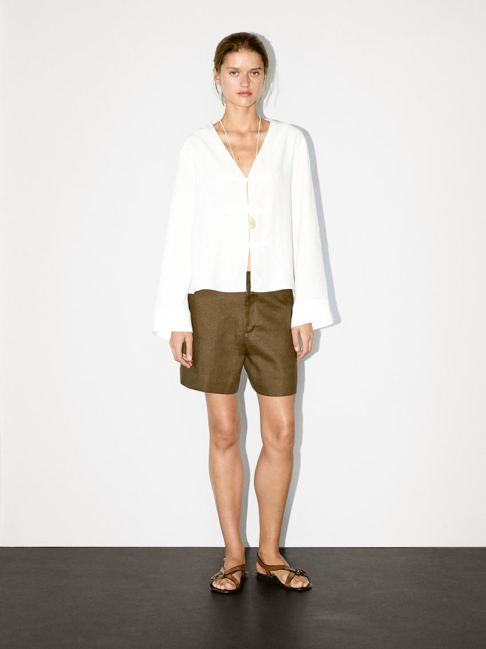 Massimo Dutti Блуза из струящейся льняной ткани с V-образным вырезом, белый